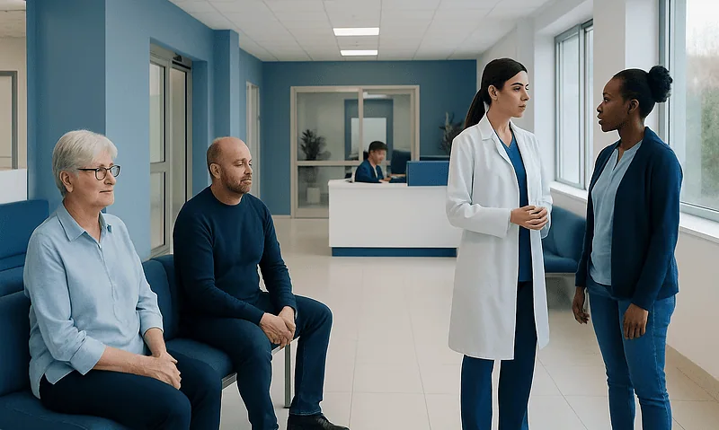Medical consultation with patients in a hospital corridor at Acibadem Hospitals Group.
