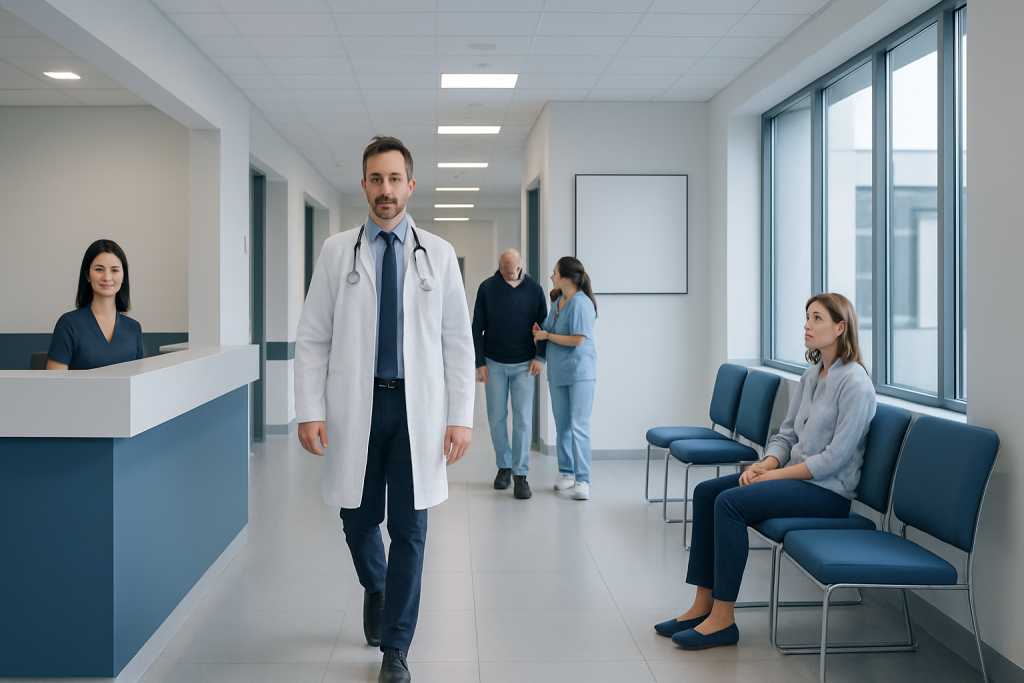 Moebius Syndrome: Early Signs, Risk Factors, and How It Is Treated 1 Medical team in hospital corridor with patient waiting area.