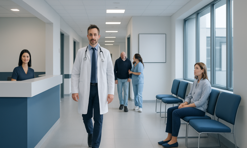 Medical team in hospital corridor with patient waiting area.