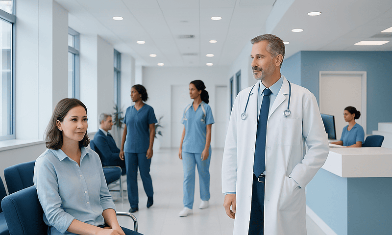 Doctor consulting a patient in a modern hospital corridor.