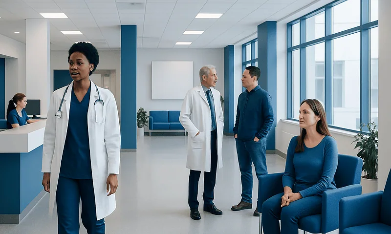 Healthcare professionals and patients in a modern hospital waiting area.
