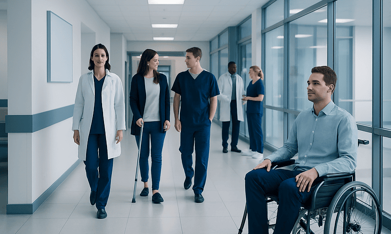 Diverse medical team in hospital corridor with patient in wheelchair.