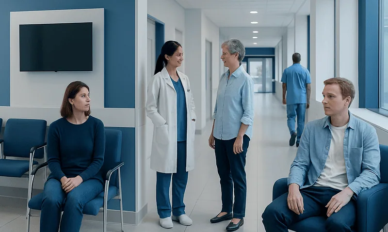 Patients and healthcare professionals in a hospital corridor.