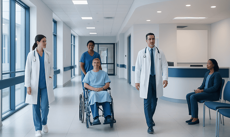 Medical team and patient in hospital corridor at Acibadem Hospitals Group.