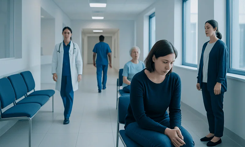 Patient waiting in hospital corridor with medical staff nearby.