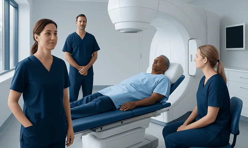 Medical team preparing patient for brachytherapy treatment in a modern hospital.