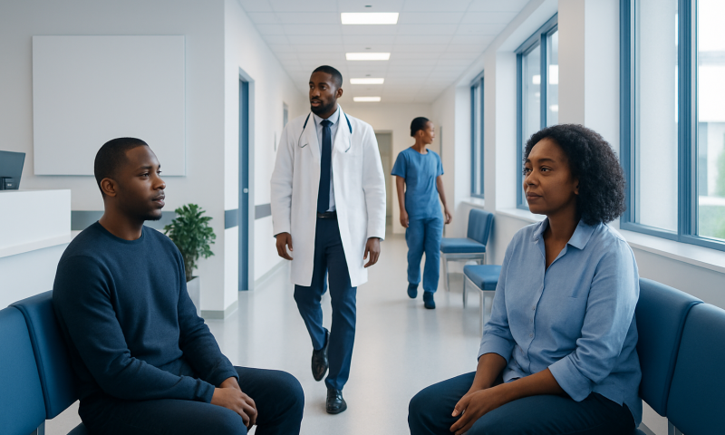 Diverse group of patients and doctor in a modern hospital corridor.