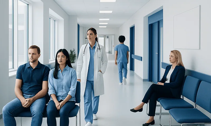 Medical professionals and patients in a hospital corridor.