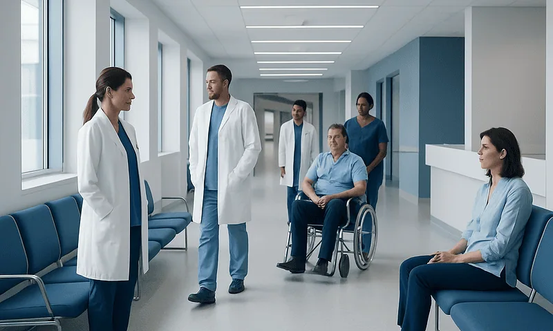 Medical team consulting with patient in hospital corridor at Acibadem Hospitals.