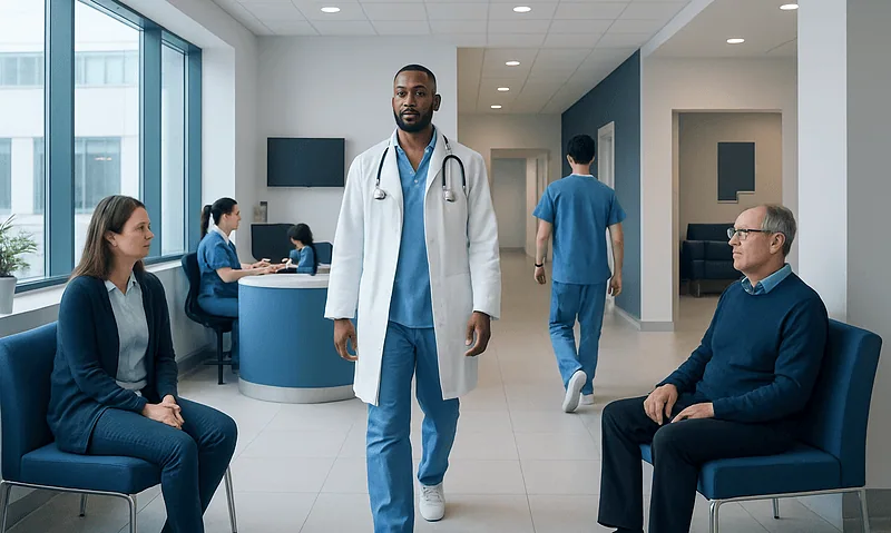 Medical professionals and patients in a modern hospital waiting area.