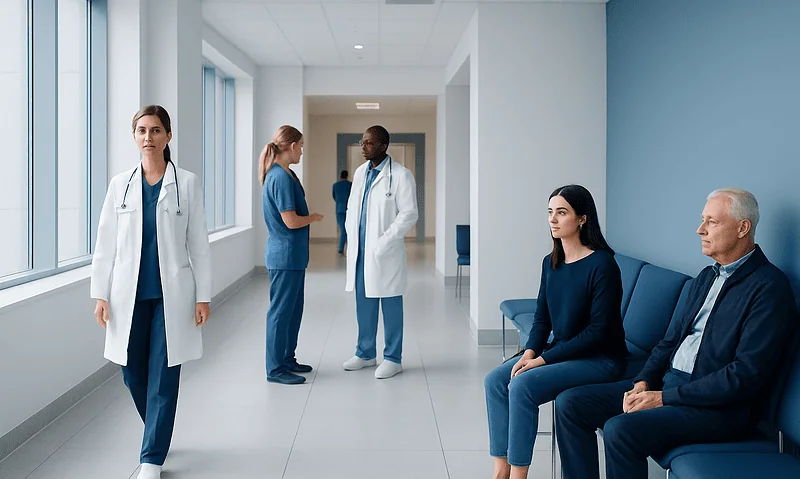 Medical professionals and patients in a hospital corridor at Acibadem Hospitals Group.