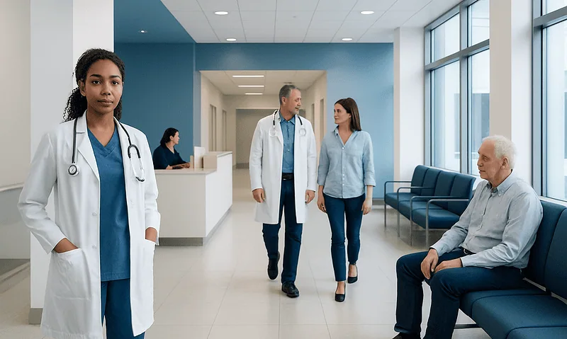 Medical staff and patient in hospital corridor at Acibadem Hospitals Group.