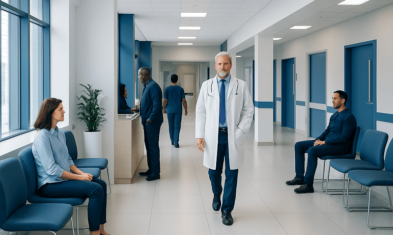 Medical professionals and patients in a modern hospital corridor.