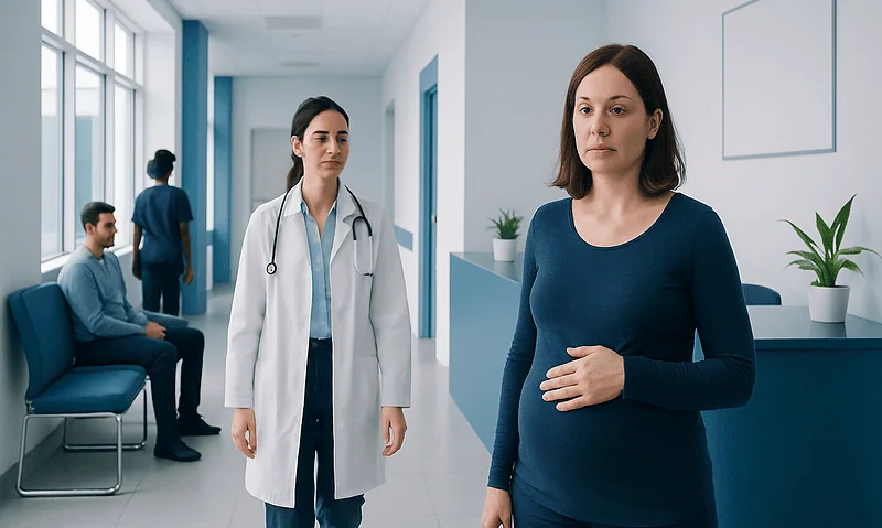 Phantom Pregnancy: A Complete Clinical Guide for Patients 7 Pregnant woman consulting with doctor in hospital corridor.