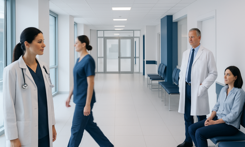 Medical professionals and patients in a hospital corridor.
