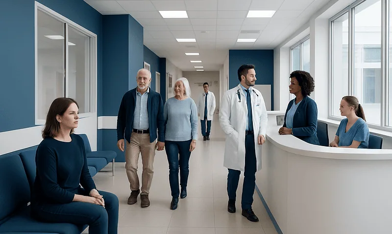 Patients and medical staff in a modern hospital corridor.
