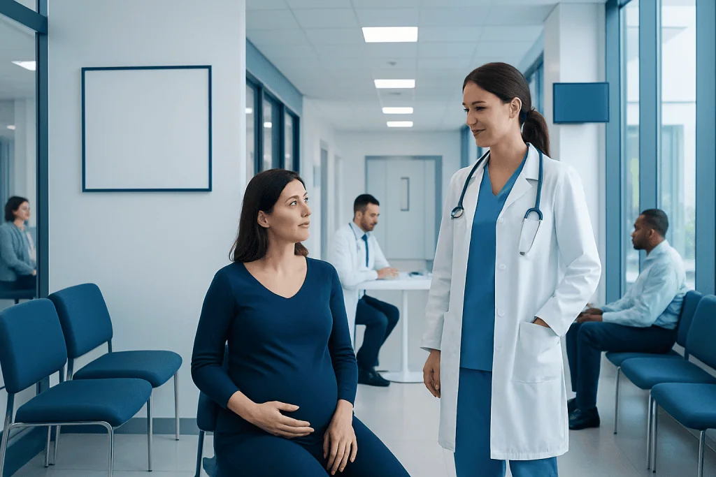 Chorionic Villus Sampling: An Evidence-Based Guide for Patients 1 Pregnant woman consulting with a doctor in a hospital corridor.