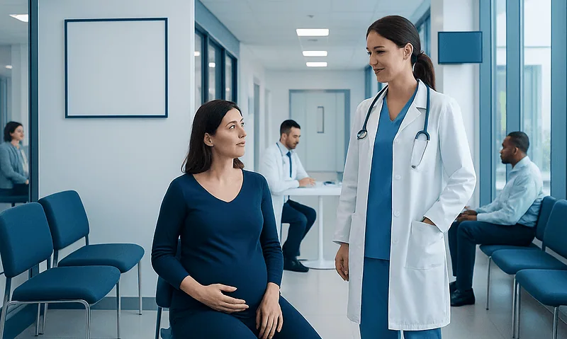 Pregnant woman consulting with a doctor in a hospital corridor.
