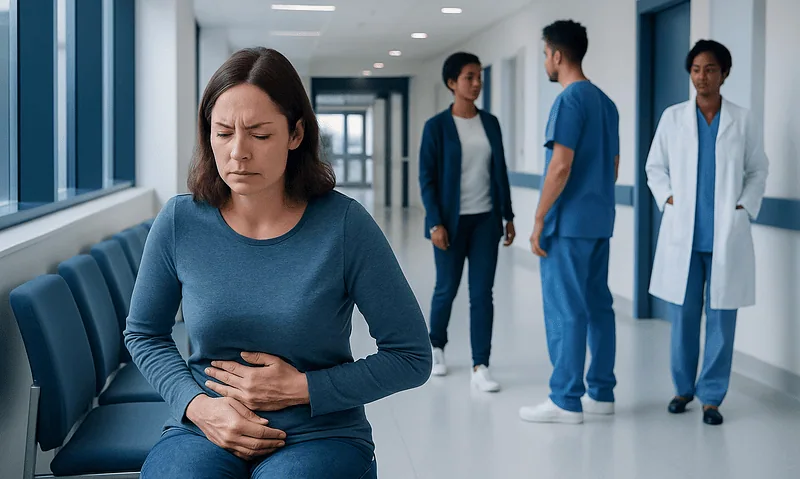Woman with stomach pain in hospital corridor with medical staff in background.
