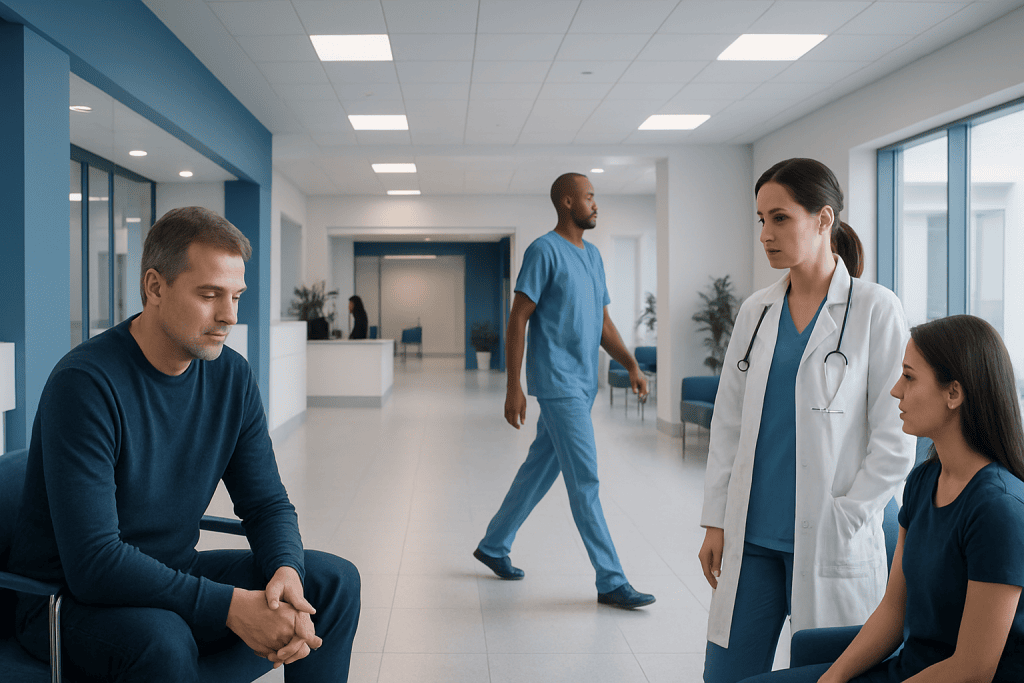 Levator Ani Syndrome: Early Signs, Risk Factors, and How It Is Treated 1 Patients and doctor in a hospital corridor discussing health concerns.