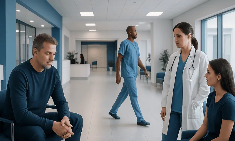 Patients and doctor in a hospital corridor discussing health concerns.