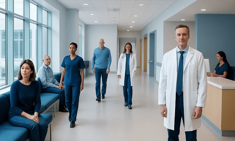 Seborrheic Dermatitis Treatment: Early Signs, Risk Factors, and How It Is Treated 5 Medical professionals and patients in a hospital corridor at Acibadem Hospitals Group.