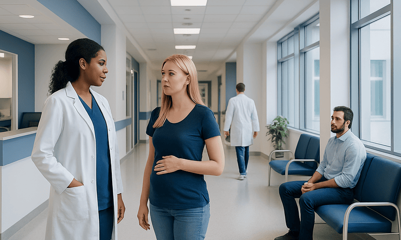 Patient talking to doctor in hospital corridor with waiting area.