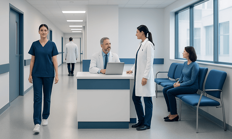 Medical professionals and patient in a hospital corridor.