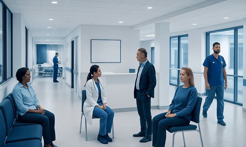 Medical consultation in a modern hospital waiting area with healthcare professionals and patients.