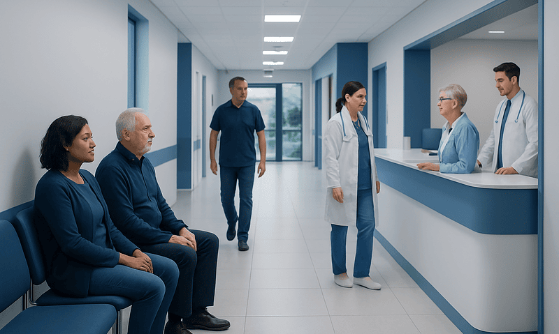 Hospital waiting area with patients and medical staff at reception desk.