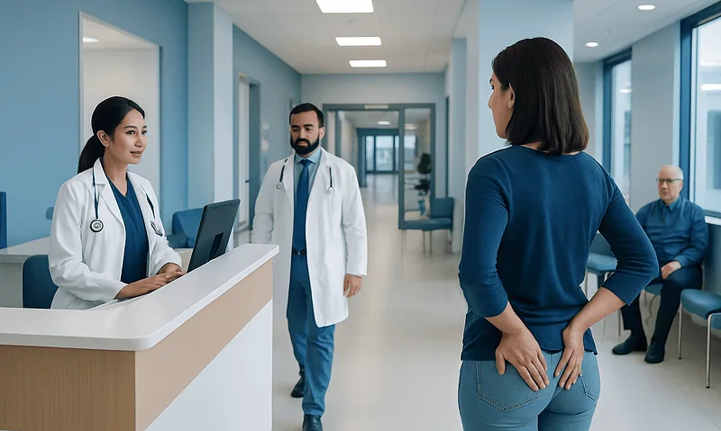 Patient consulting with doctors in a hospital corridor at Acibadem Hospitals Group.
