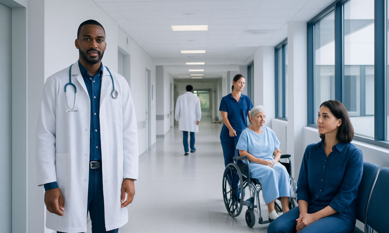 Healthcare professionals and patients in a modern hospital corridor.