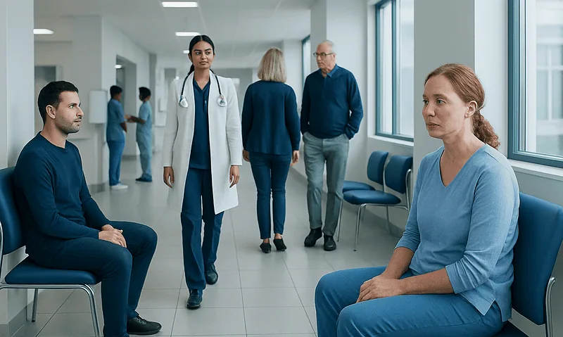 Patients waiting in a hospital corridor with medical staff present.