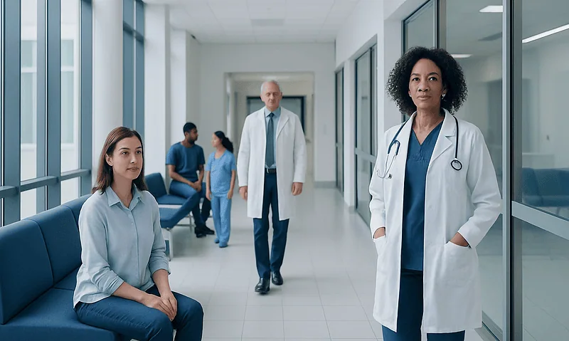 Medical professionals and patients in a hospital corridor.