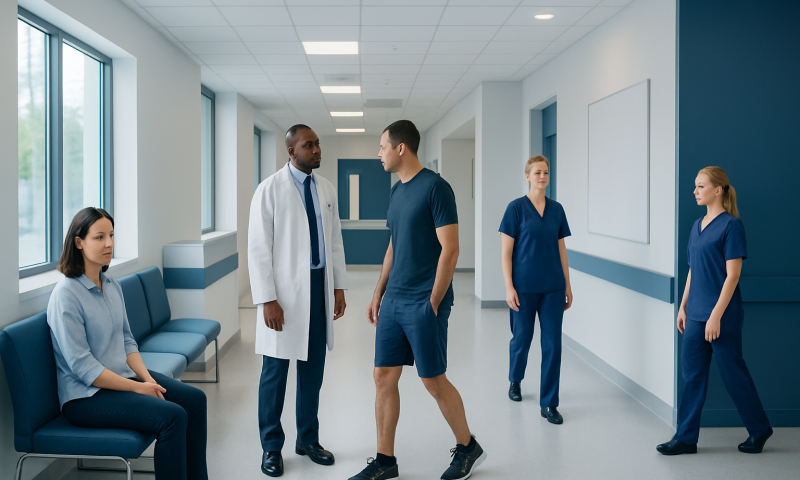 Medical team consulting in hospital corridor with patient and staff.