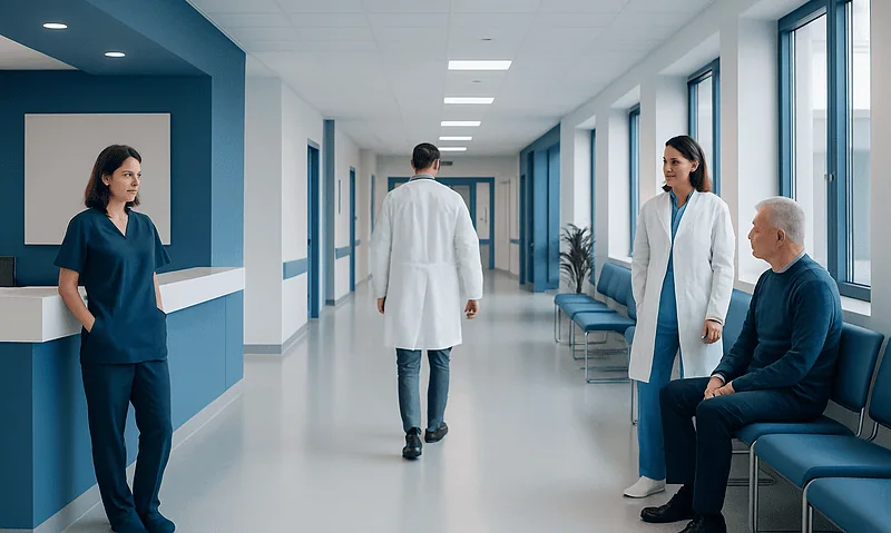 Medical staff and patient in a modern hospital corridor at Acibadem Hospitals Group.