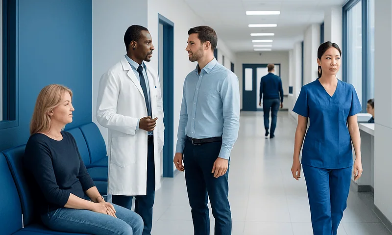 Medical consultation in hospital corridor with diverse healthcare professionals and patient.