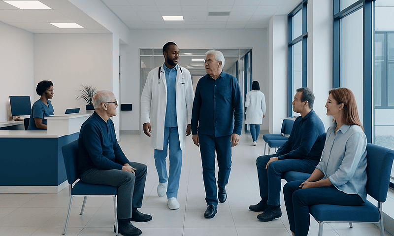 Hospital waiting area with patients and medical staff engaging in conversation.