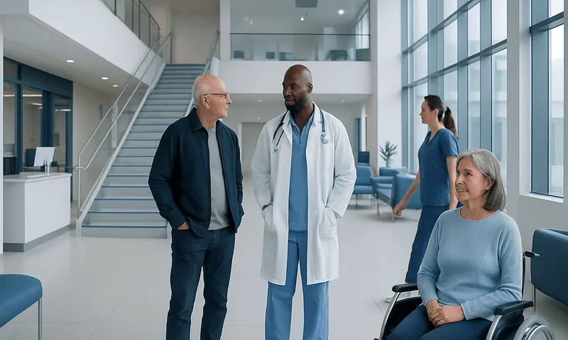 Medical professionals and patient in hospital lobby for consultation.