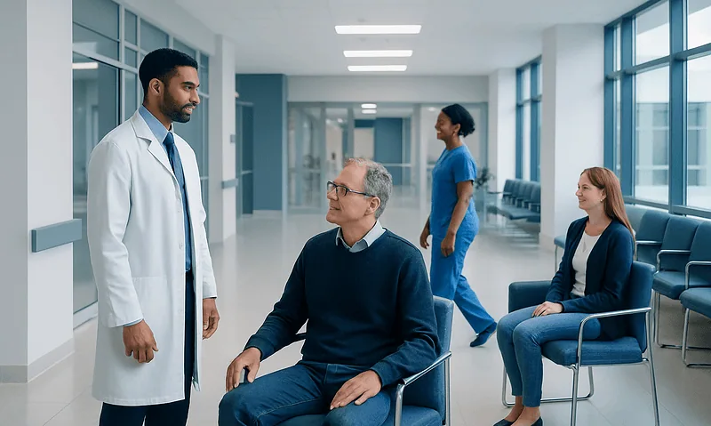 Medical consultation in hospital corridor with doctor and patients.