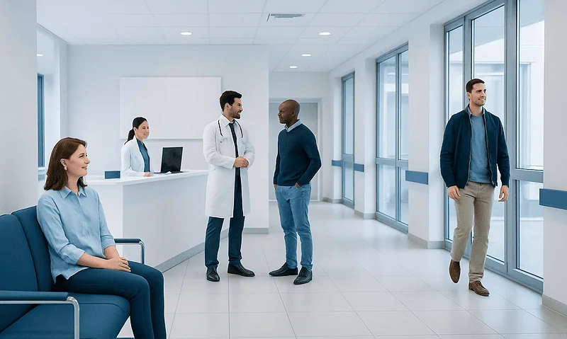 Aerophagia: A Complete Medical Overview 4 Medical consultation in a modern hospital corridor with doctors and patients.