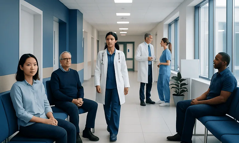 Caput Medusae: What Patients Need to Know 4 Diverse medical team waiting in hospital corridor for patient care.