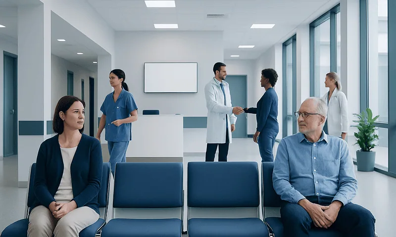 Patients waiting in a hospital corridor with medical staff in the background.