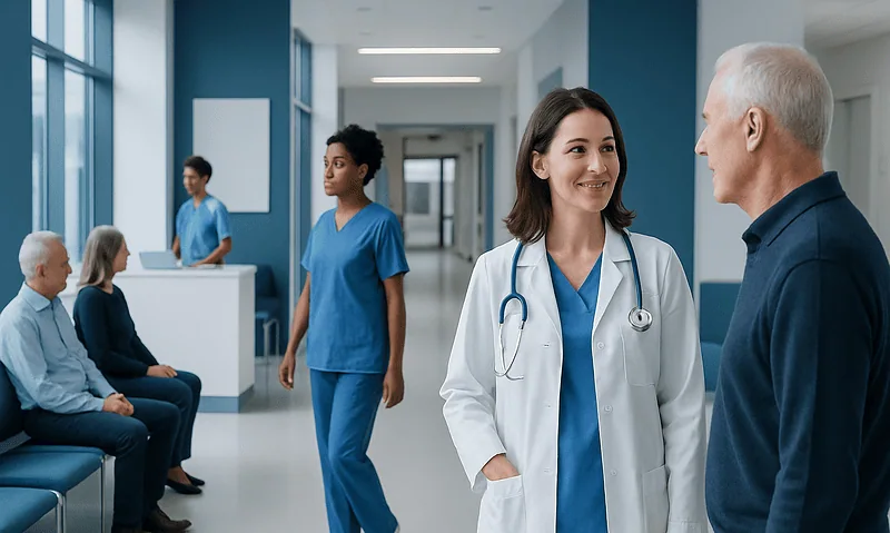 Healthcare professionals and patients in a hospital corridor.