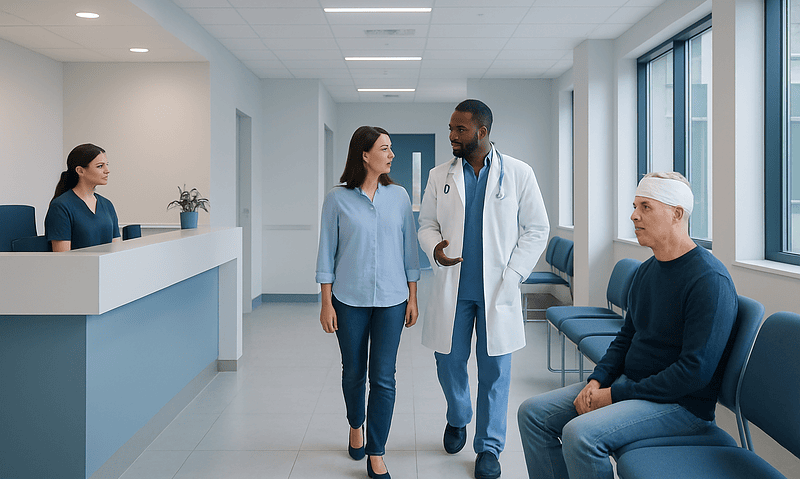 Medical staff consulting with patient in hospital corridor.