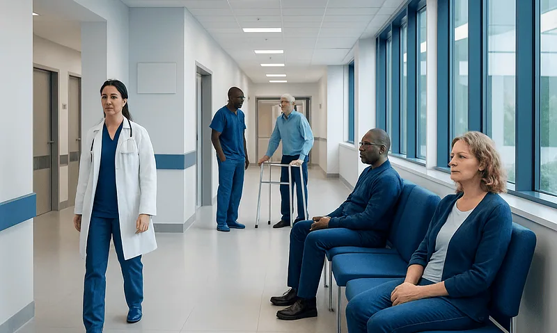 Medical staff and patients in a hospital corridor at Acibadem Hospitals Group.