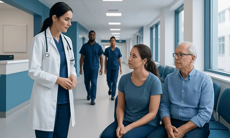 Doctor consulting patients in hospital corridor with medical staff in background.