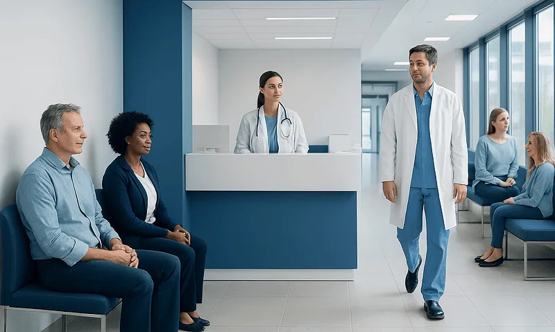 Medical consultation in a modern hospital waiting area with doctors and patients.