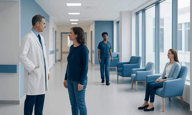 Doctor consulting patient in hospital corridor with waiting area.