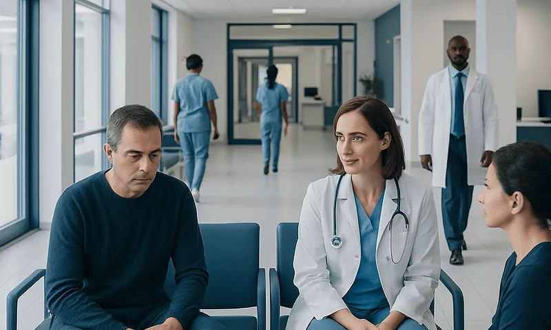 Medical consultation in hospital corridor with doctors and patient.